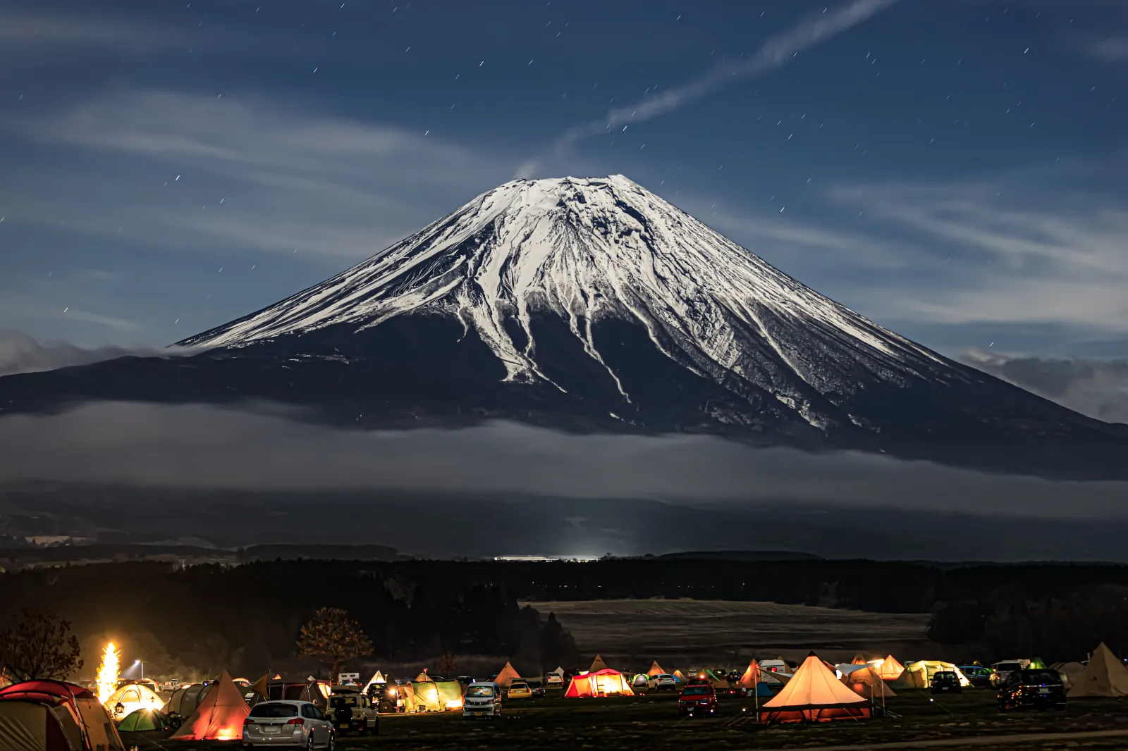 Tents at a campsite at the base of Mount Fuji in Japan.
