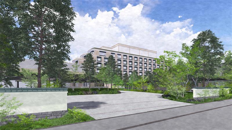 Hilton Partners with Brighton Corporation to Debut Curio Collection by Hilton in Kyoto in 2028 A rendering of the exterior of the hotel, surrounded by trees