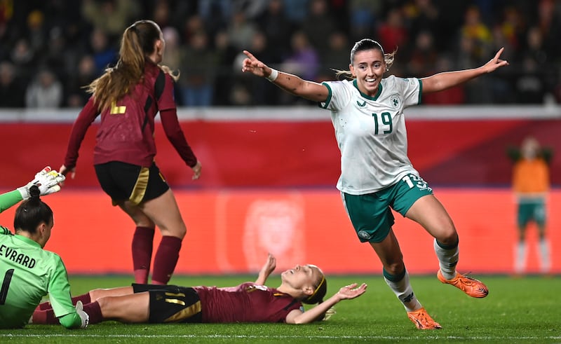 Abbie Larkin celebrates scoring a late goal against Belgium in October. Photograph: Mick O’Shea/INPHO