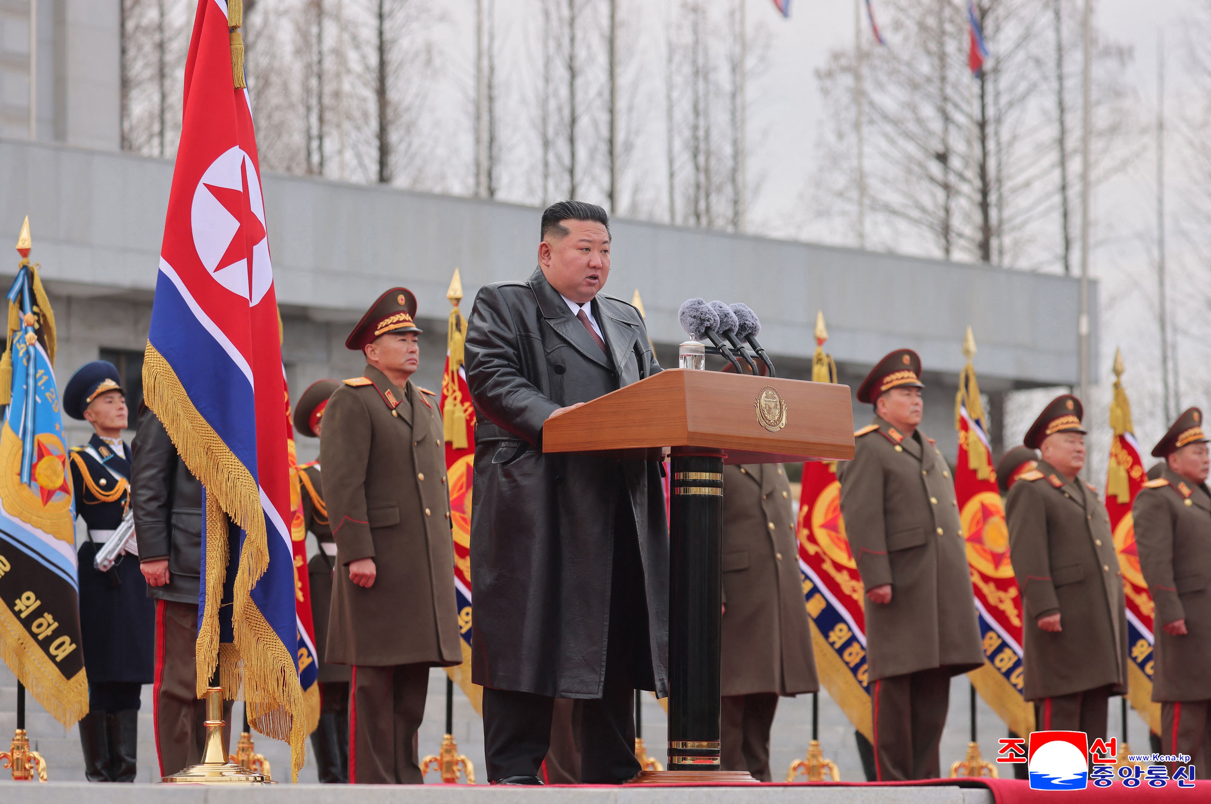 File. North Korean leader Kim Jong Un delivering a speech