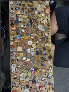 A table holds about 100 pins of varying shapes and colors.