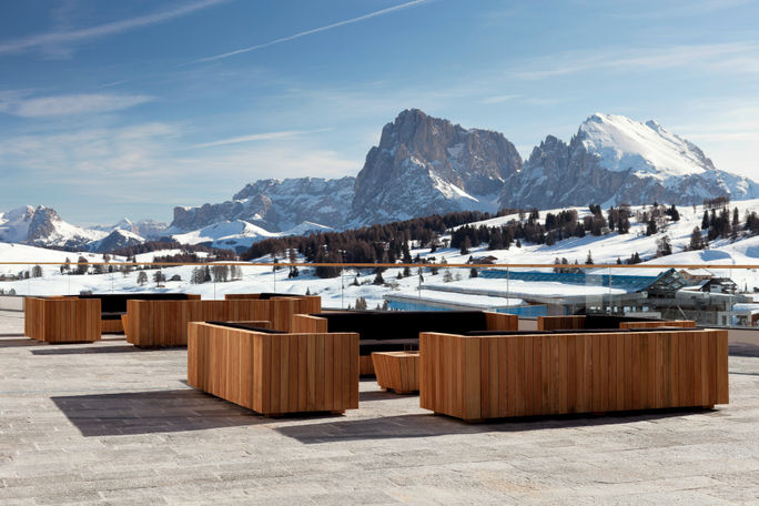 The view of the Dolomites from the COMO Alpina Dolomites terrace. ski destinations, dolomites, como alpina dolomites, northern italy
