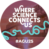 A circular image of a bridge has been covered with a purple tint. Over the image appear the AGU 2025 annual meeting theme (Where Science Connects Us), a teal wandering line representing a river, and “#AGU25.”