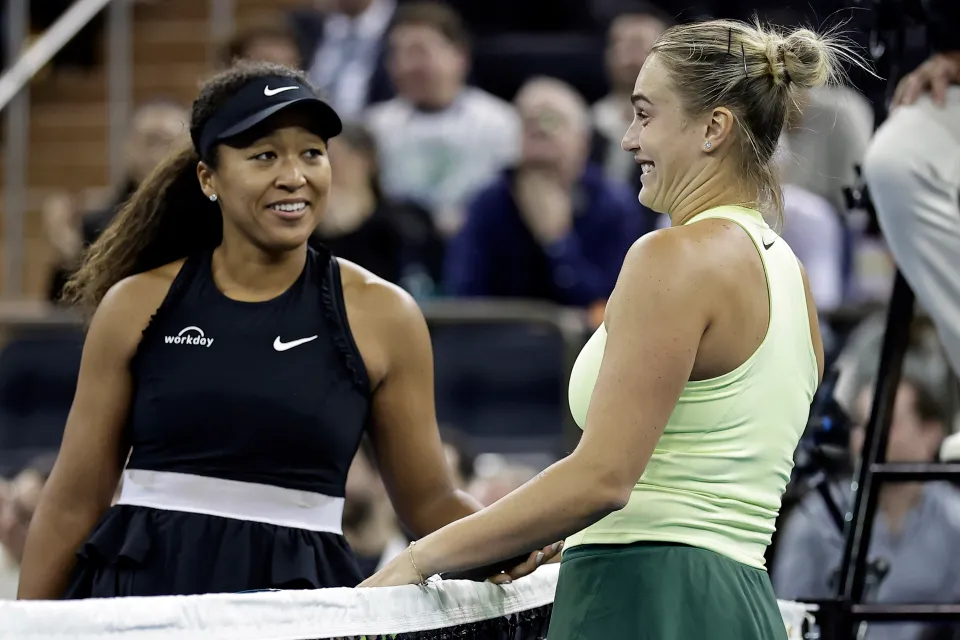 Aryna Sabalenka reacts with Naomi Osaka of Japan during the Garden Cup at Madison Square Garden on December 08, 2025 in New York City. (Photo by Adam Hunger/Getty Images)