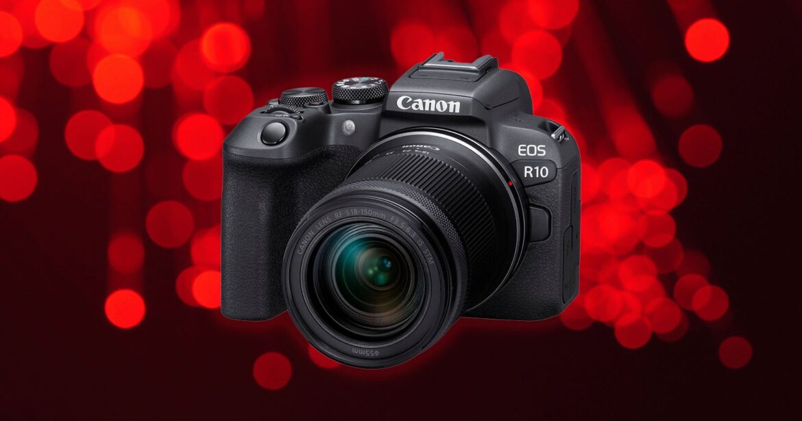 Entry-Level Cameras Dominate Among Japanese Consumers A Canon EOS R10 camera with a lens is shown against a background of red circular bokeh lights.