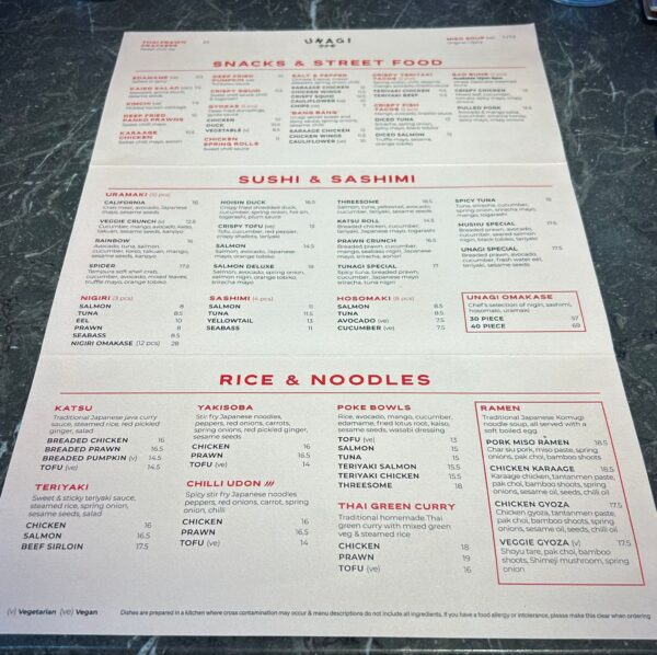 Unagi Menu 