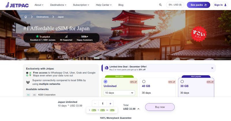 Finalize your trip to Japan with Jetpac eSIM- claim a 15% discount code valid on all Japan plans Jetpac website