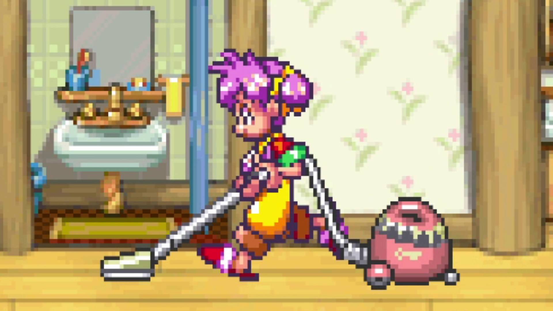 The title character vacuums the floor in Milano's Odd Job Collection