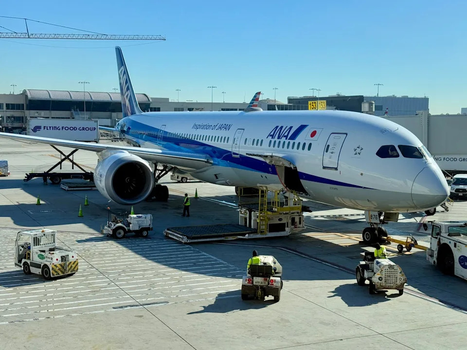 File. An ANA Airlines Boeing 777 sits at gate in Los Angeles International Airport (LAX), located in Southern California, on 6 January 2025 (AFP via Getty Images)