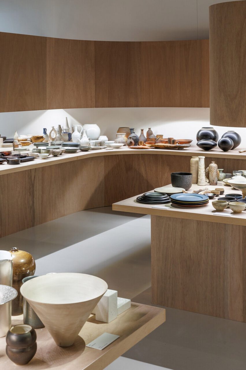 Close-up of ceramic pieces in exhibition