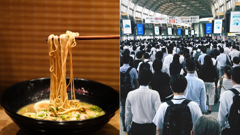 split screen of a bowl of ramen and office workers in Japan walking from the train station