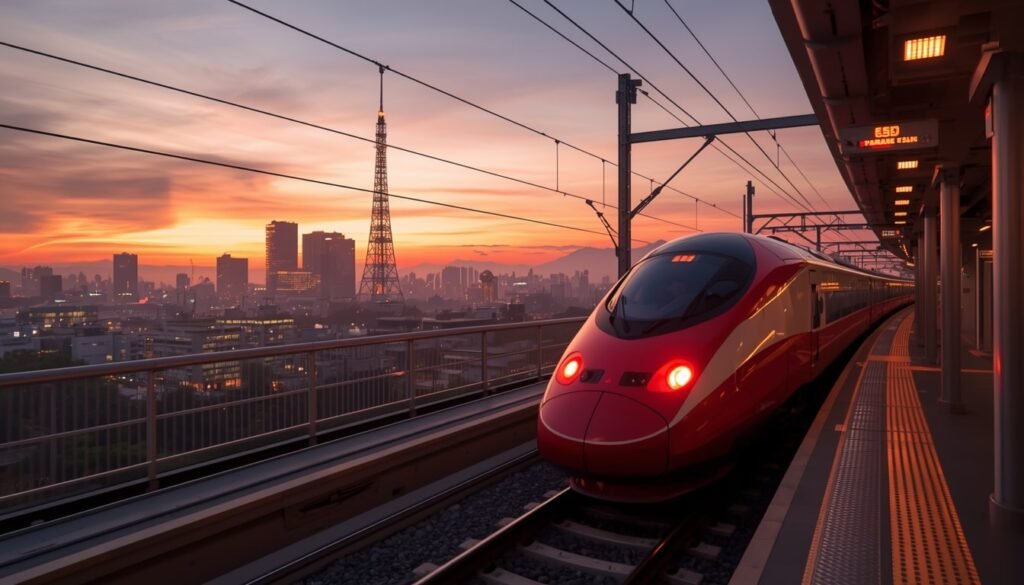 Dawn view of Osaka skyline from arriving midnight bullet train, promoting overnight travel and economic growth in Tokyo-Osaka corridor.