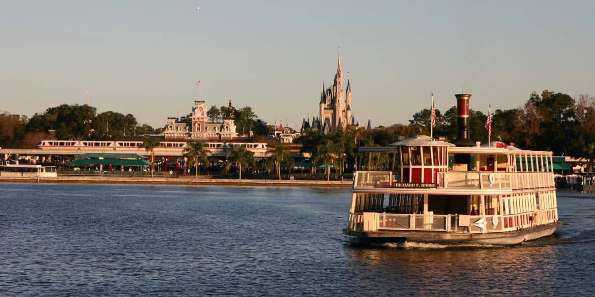 The Magic Kingdom ferry boat crosses the Seven Seas Lagoon at Walt Disney World Resort.