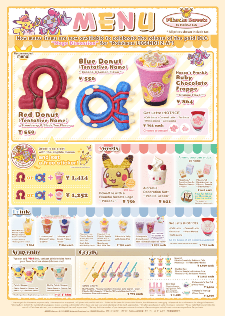 Pikachu Sweets by Pokemon Cafe English menu for Winter 2025-2026 includes Groudon and Kyogre Donuts