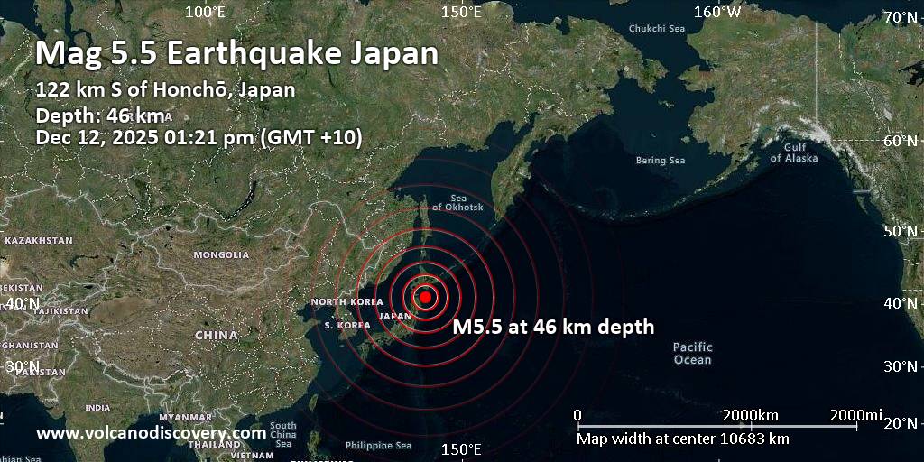 Strong Mag. 5.5 Earthquake – North Pacific Ocean, 132 km Northeast of Hachinohe, Aomori, Japan, on Friday, Dec 12, 2025, at 01:21 pm (GMT +10) Strong Mag. 5.5 Earthquake - North Pacific Ocean, 132 km Northeast of Hachinohe, Aomori, Japan, on Friday, Dec 12, 2025, at 01:21 pm (GMT +10)