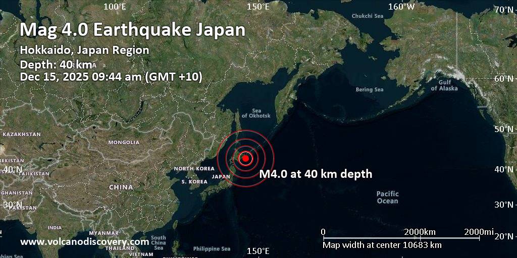Moderate Mag. 4.0 Earthquake – North Pacific Ocean, 48 km South of Nemuro, Hokkaido, Japan, on Monday, Dec 15, 2025, at 09:44 am (GMT +10) Moderate Mag. 4.0 Earthquake - North Pacific Ocean, 48 km South of Nemuro, Hokkaido, Japan, on Monday, Dec 15, 2025, at 09:44 am (GMT +10)