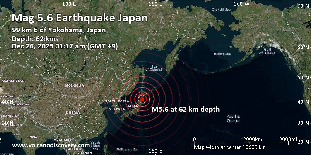 Strong Mag. 5.6 Earthquake – North Pacific Ocean, Hokkaido, 101 km East of Mutsu, Aomori, Japan, on Friday, Dec 26, 2025, at 01:17 am (GMT +9) Strong Mag. 5.6 Earthquake - North Pacific Ocean, Hokkaido, 101 km East of Mutsu, Aomori, Japan, on Friday, Dec 26, 2025, at 01:17 am (GMT +9)