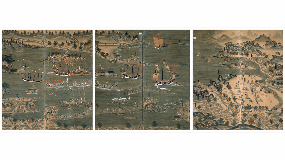 Three panels of a folding screen depicting a 19th century Ryukyuan ship in Naha, Okinawa