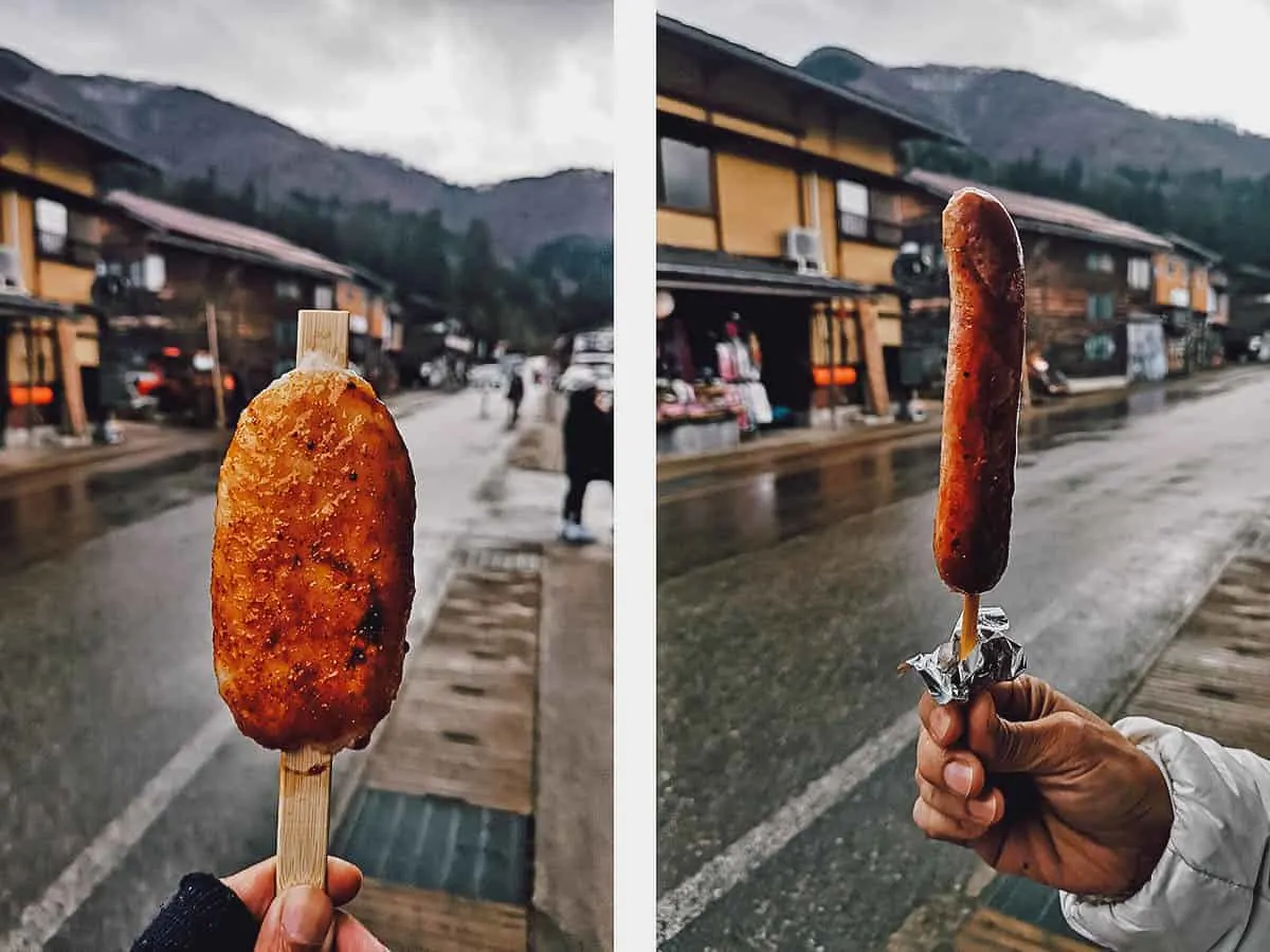 The Shirakawa-go Winter Travel Guide Mochi and sausage in Shirakawa-go