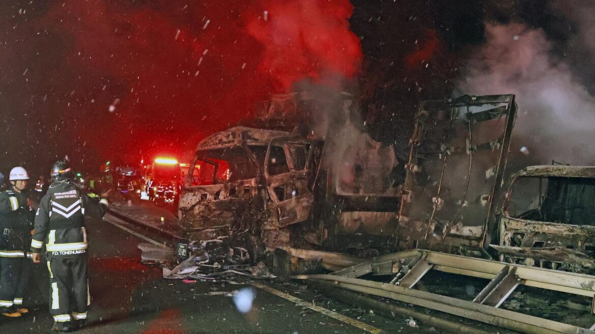 A massive crash on a highway in Japan kills 1 person and injures 26 as the holiday season starts