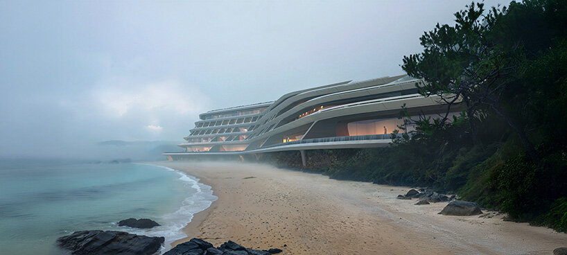 zaha hadid architects shapes stepped coastal retreat for NOT A HOTEL's vertex line in japan