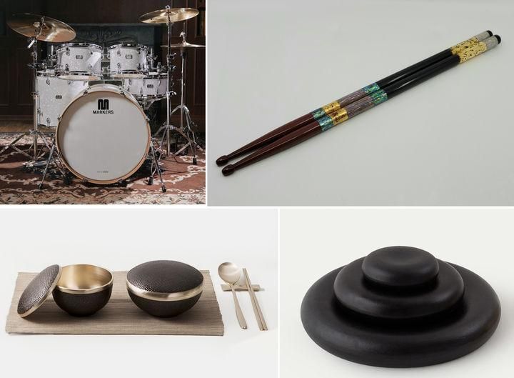 These are gifts President Lee Jae Myung presented for Japanese Prime Minister Sanae Takaichi and her spouse. Clockwise from top left are drum set and drumsticks, a stone plate set and a handcrafted brass tableware set. He also presented a Samsung Galaxy smartwatch. Courtesy of Cheong Wa Dae 