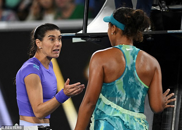 Osaka is pictured during a fiery post-match clash with Sorana Cirstea, who blasted the Japanese star for her behaviour during their second-round clash