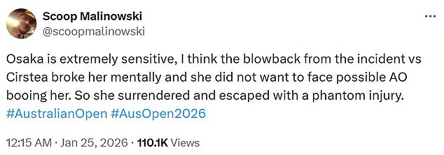Scores of fans agreed with this take on X, claiming Osaka quit the Open because she couldn't deal with criticism of the Cirstea incident and her stunning fashion display in the first round