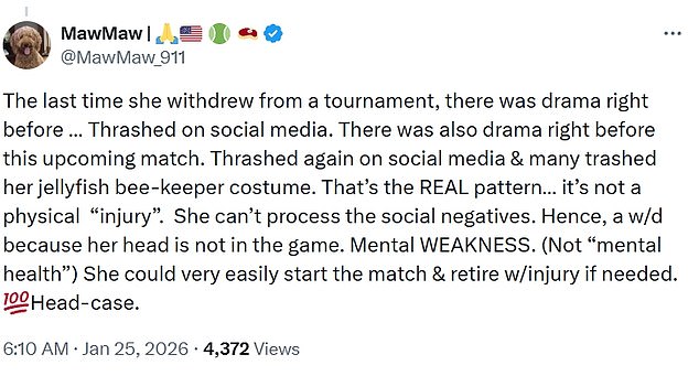 Pictured: One of many examples of fans alleging that Osaka has a pattern of quitting tournaments after coming in for criticism over her behaviour