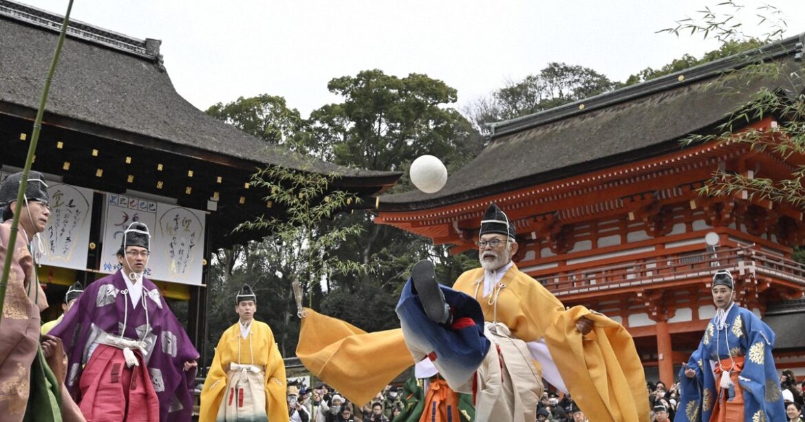 New Year's display of ancient Japanese football draws visitors to Kyoto shrine