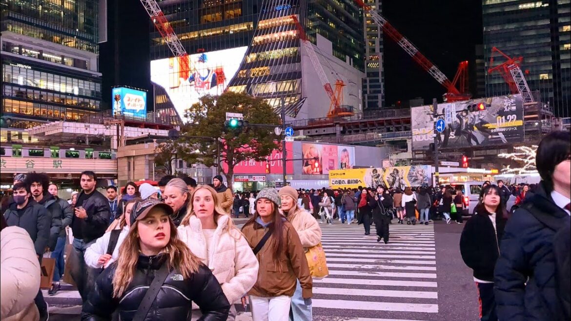 Shibuya crossing night walking tour. Tokyo, Japan. January, 2026