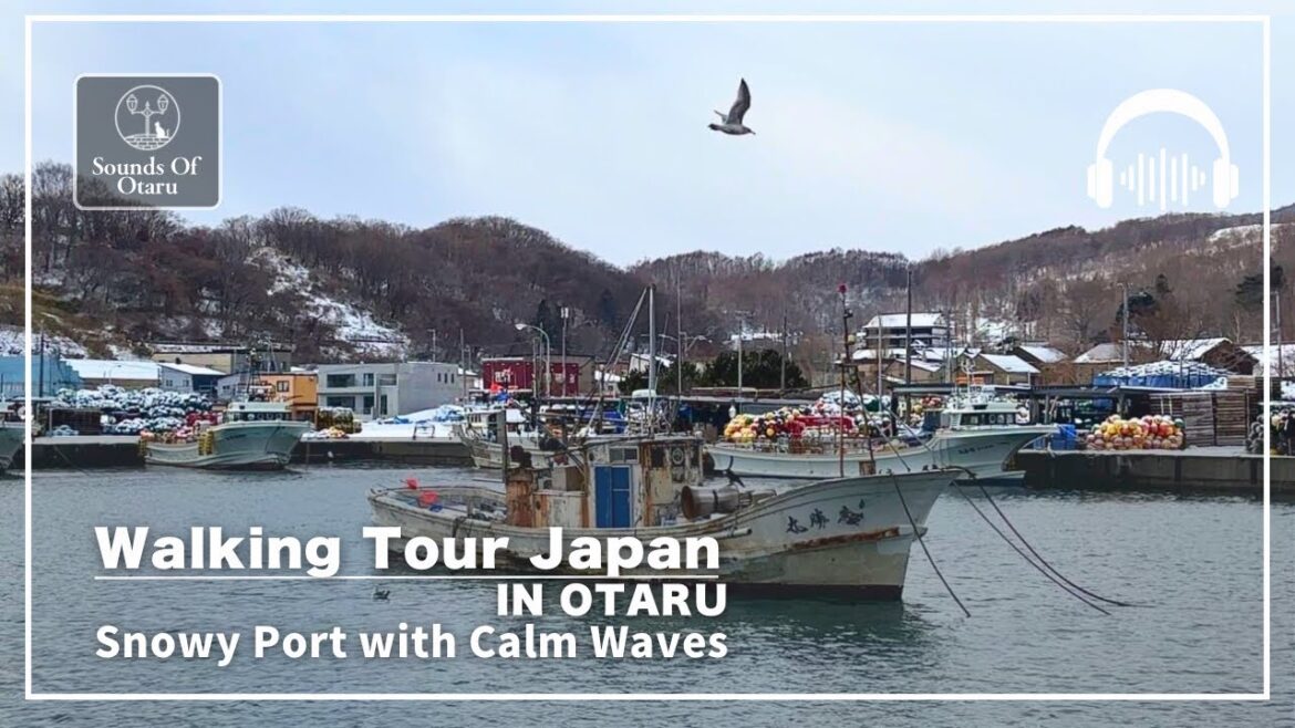 WALKING TOUR JAPAN IN OTARU ｜ Snowy Shukutsu Fishing Port with Calm Wave Sounds