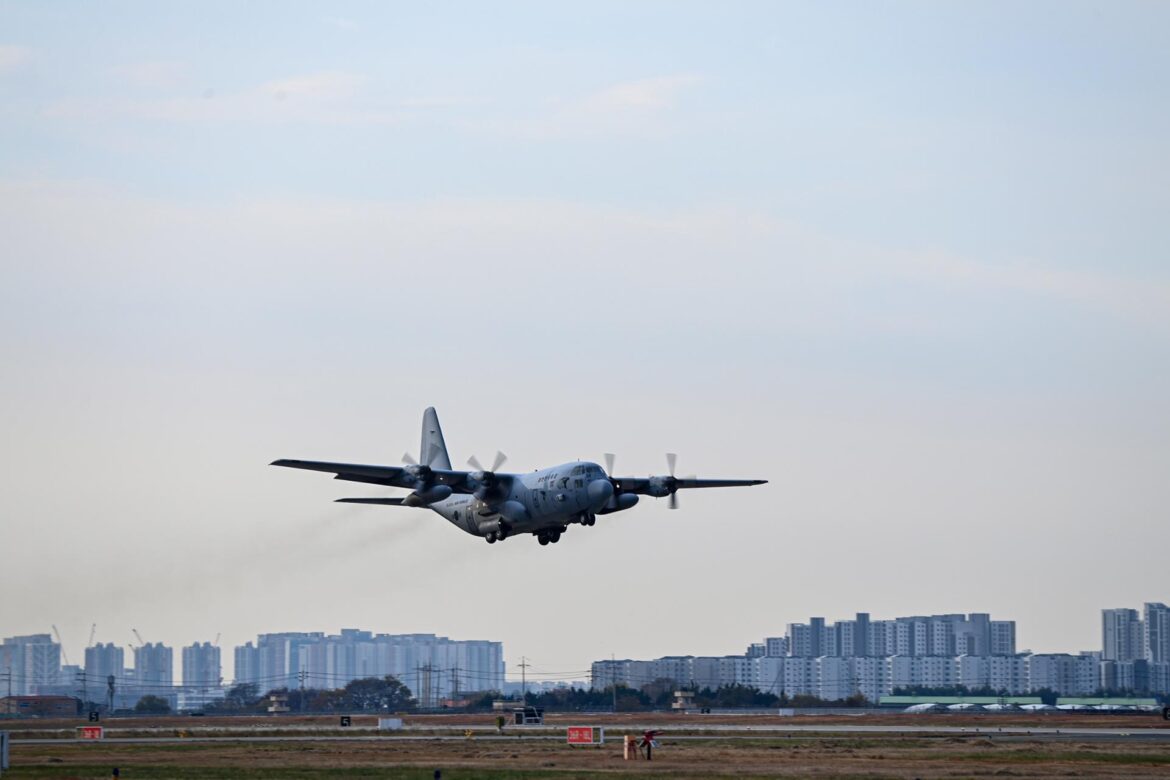 C-130H transport aircraft makes emergency landing in Okinawa: Air Force C-130H transport aircraft participating in a Christmas airlift operation, Dec. 2, 2025. Courtesy of Air Force