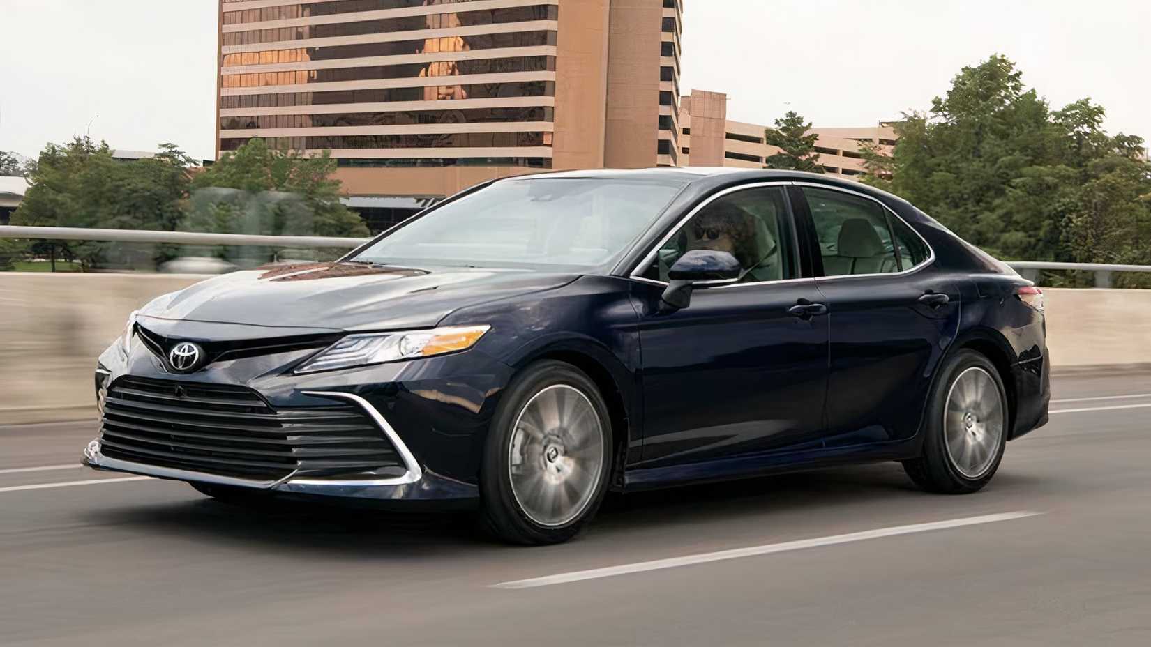 A left hand-side view, perspective view of a 2023 Toyota Camry