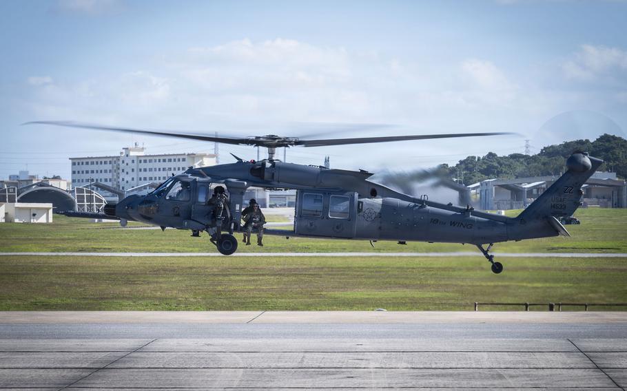 An Air Force HH-60W Jolly Green II operates at Kadena Air Base, Okinawa, Jan. 14, 2025.