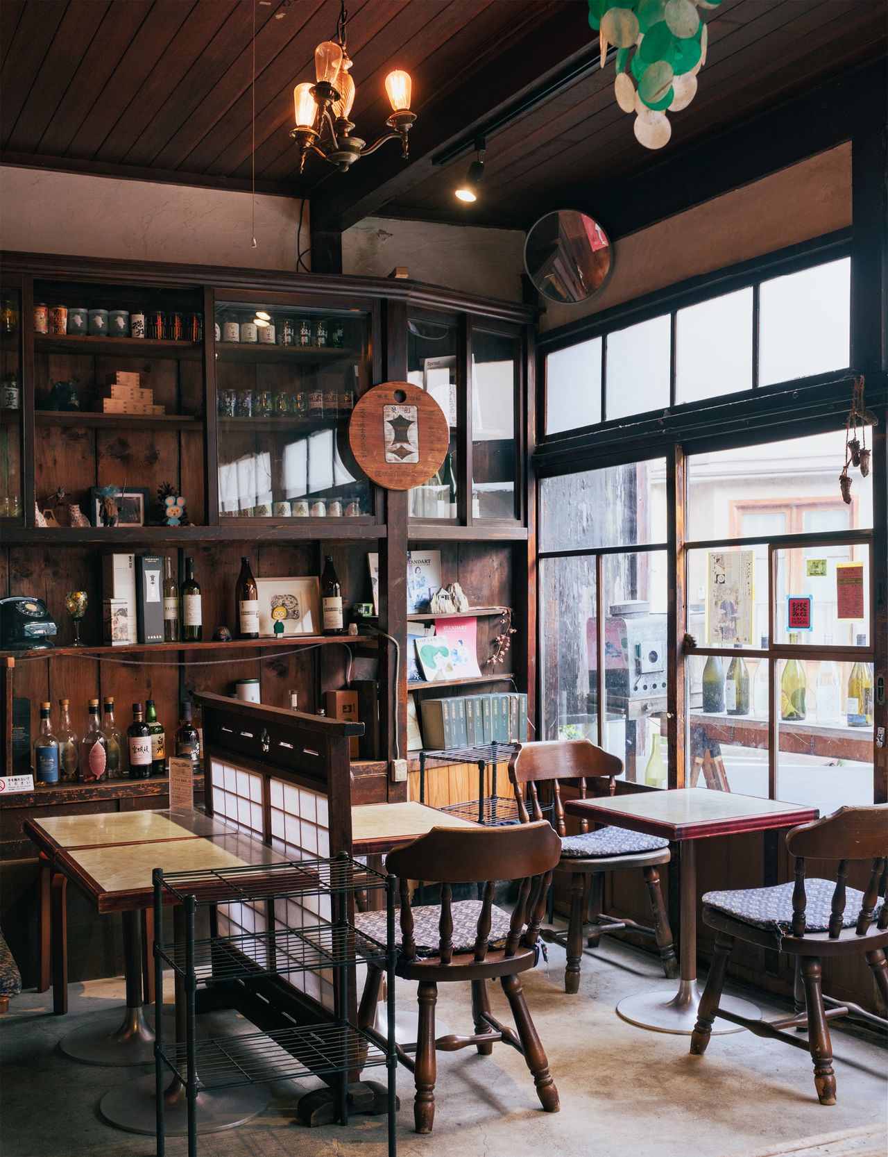 The built-in shelves were used when the space was a stationery shop.