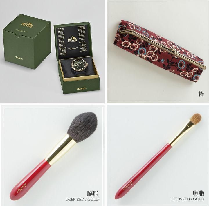 Gifts Japanese Prime Minister Sanae Takaichi presented for President Lee Jae Myung and first lady Kim Hea Kyung. Clockwise from top left are Casio wristwatches, a pouch and makeup brushes. Courtesy of Cheong Wa Dae