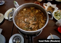 Chanko nabe, a rich stew that is a customary food for sumo wrestlers, is pictured inside a training base in 2017.