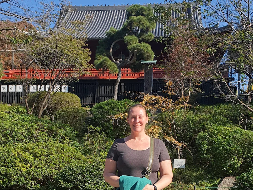 Author Ashley Franzen  smiling in Ueno Park