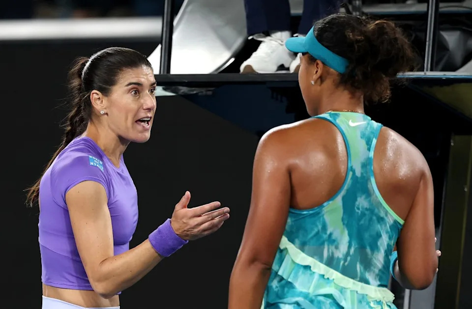 Sorana Cirstea of Romania (L) and Naomi Osaka of Japan (R) interact following the Women’s Singles Second Round match at the Australian Open at Melbourne Park on January 22, 2026 in Melbourne, Australia. Getty Images