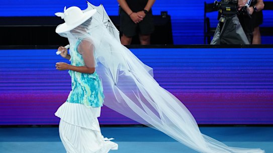 Naomi Osaka wearing an outfit inspired by jellyfish with a touch of butterfly, designed by the player, couturier Robert Wun and Nike, at the Australian Open.