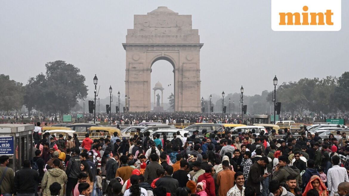 People throng India Gate and Kartavya Path on the first day of the New Year 2026, in New Delhi on Thursday. (ANI Photo/Jitender Gupta)