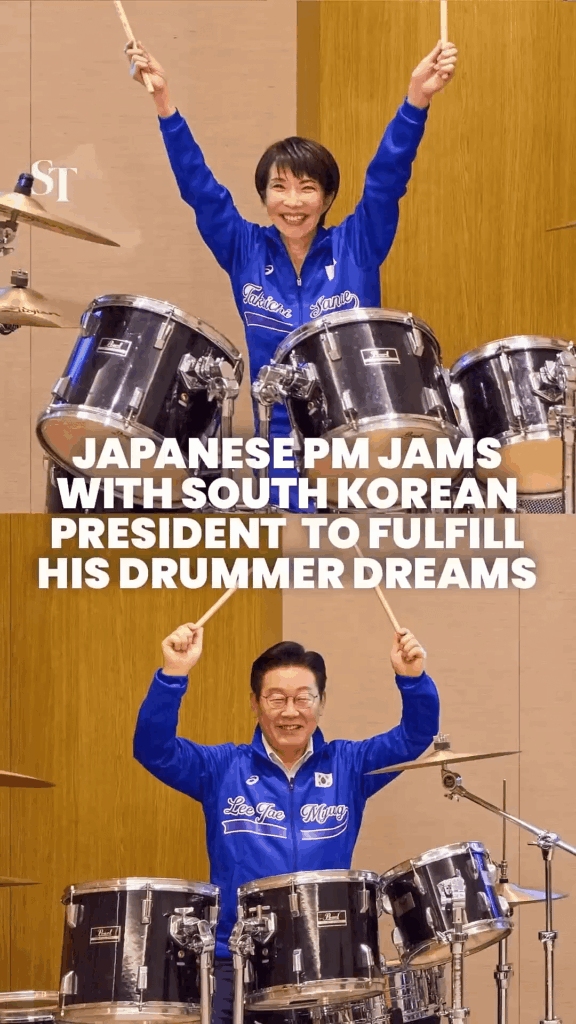 Japanese PM Sanae Takaichi and South Korean President Lee Jae Myung rounded off their summit meeting on Tuesday with an unexpected jam session where the two played drums along to some K-pop hits.
