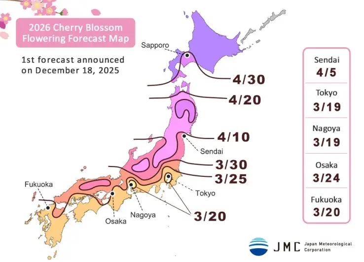 Map showing Japan’s 2026 cherry blossom forecast with expected sakura flowering dates by region