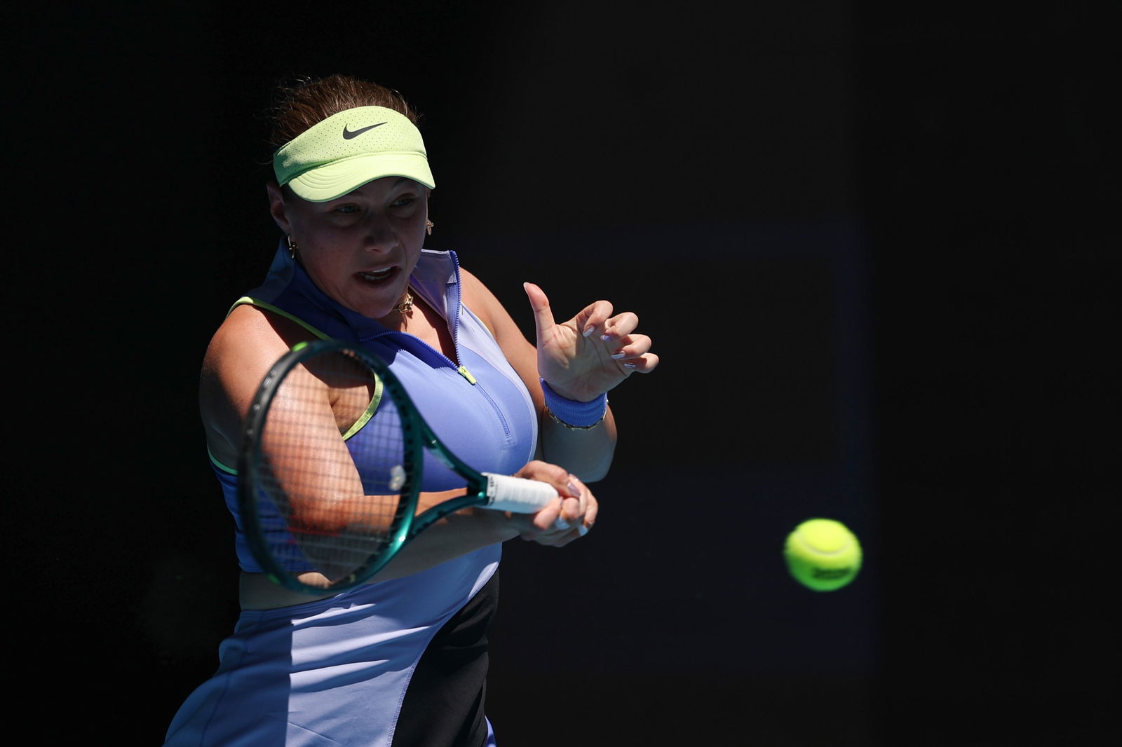 Amanda Anisimova of the United States plays a forehand in the Women's Singles Third Round against Peyton Stearns of the United States during day seven of the 2026 Australian Open at Melbourne Park on January 24, 2026 in Melbourne, Australia. 