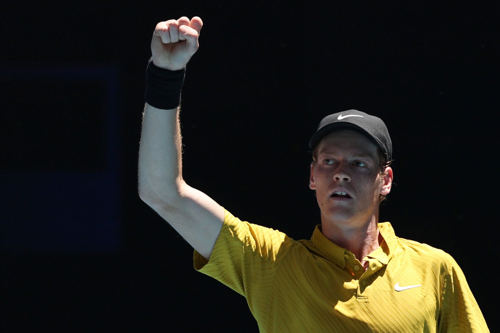Jannik Sinner of Italy celebrates a point in the Men's Singles Third Round against Eliot Spizzirri of the United States during day seven of the 2026 Australian Open at Melbourne Park on January 24, 2026 in Melbourne, Australia. 