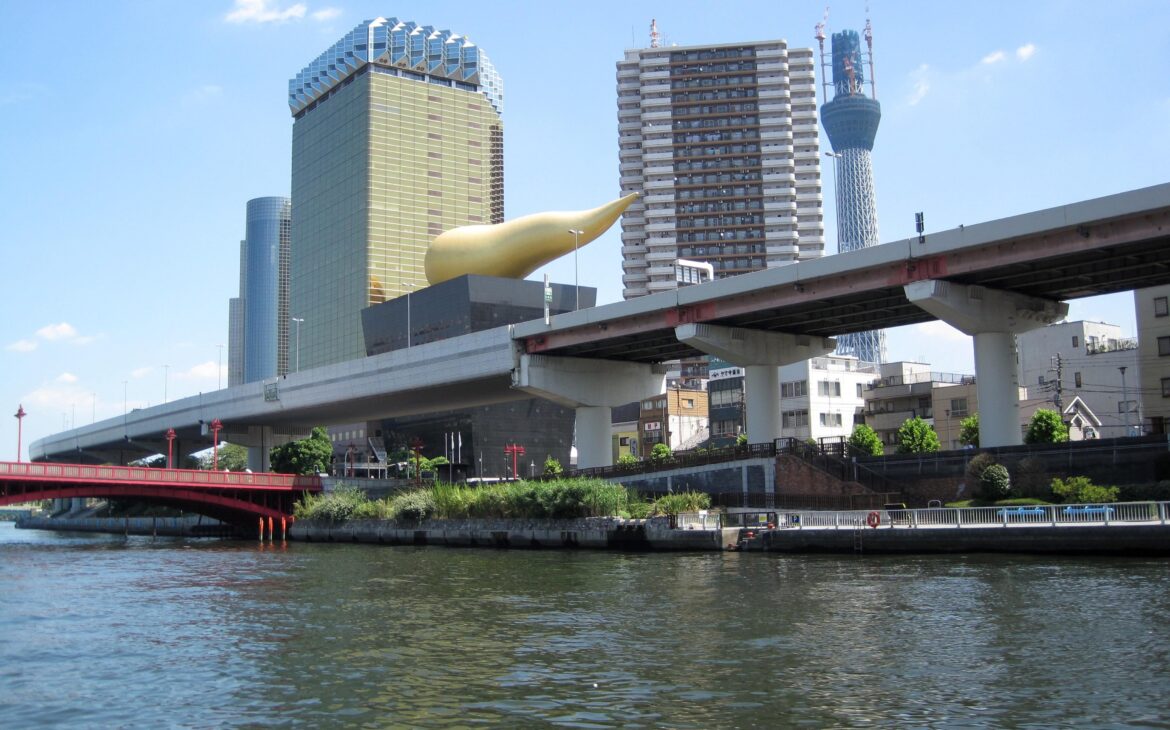 Asahi HQ with baby SkyTree in background (September 2010)