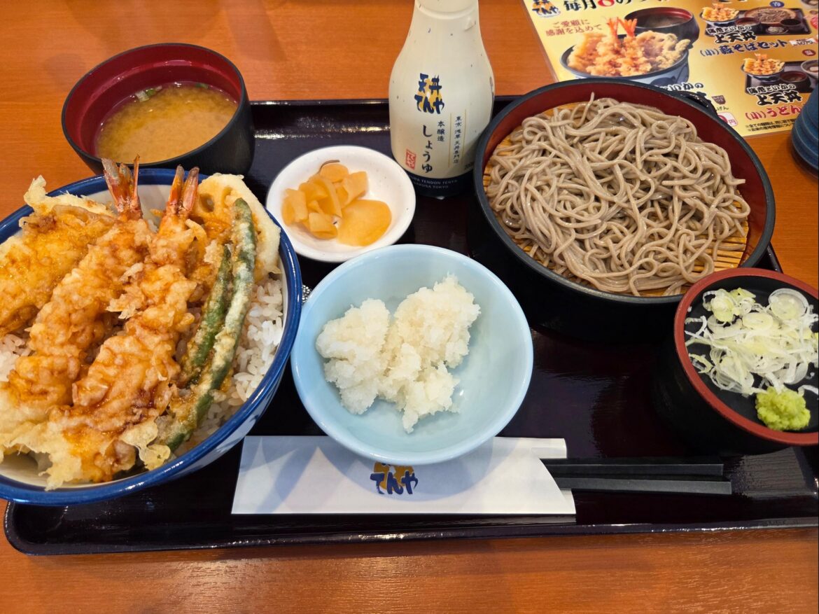 Tendon (tempura rice bowl) with zaru soba, plus grated daikon on the side.