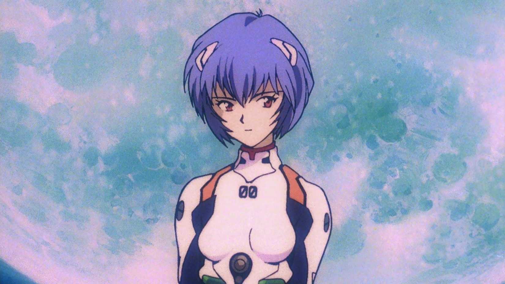 Rei standing in front of the moon in Neon Genesis Evangelion.