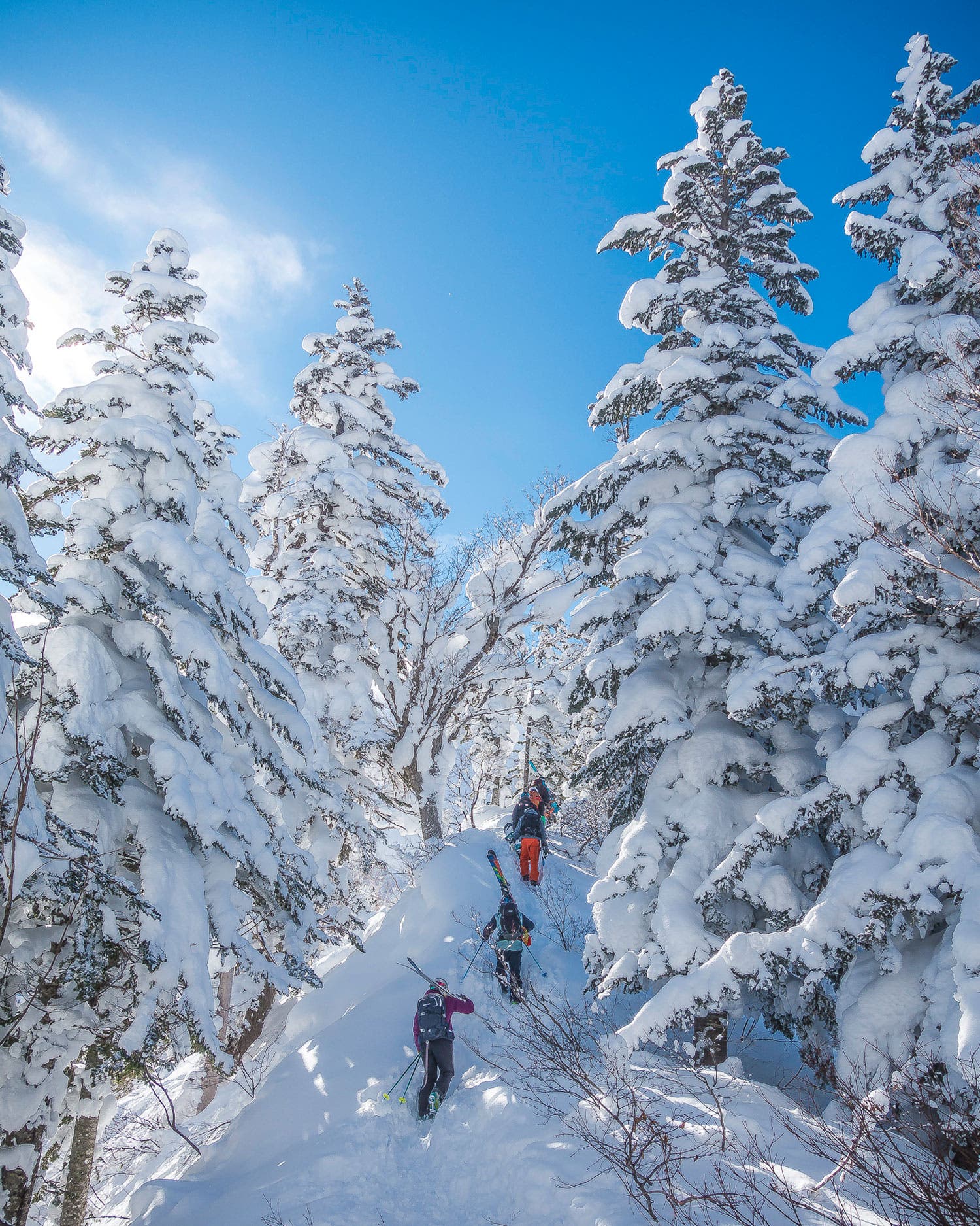 Benny Schmitt guides clients up the hidden ridge of The Steepest Line in Japan. Low visibility kept the approach concealed for the majority of the…